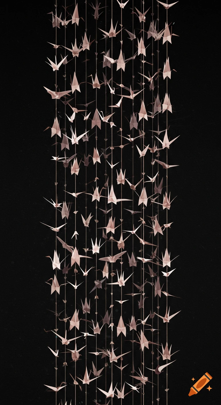 Vertical strings of numerous folded paper cranes against a dark background