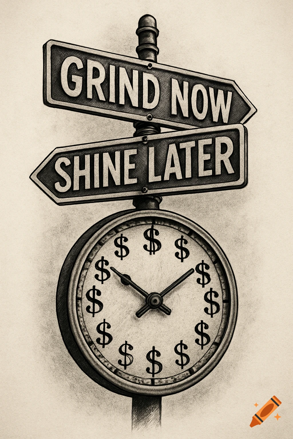 A sketch of a signpost with arrows pointing to 'GRIND NOW' and 'SHINE LATER', mounted above a clock face with dollar signs.