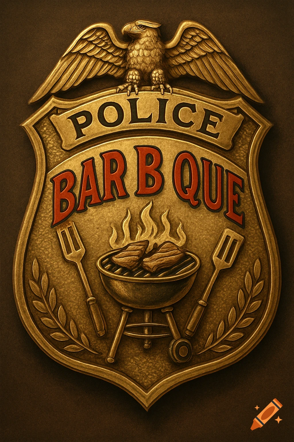 A metallic police badge illustration with an eagle, text 'POLICE' and 'BAR B QUE', and barbecue elements.