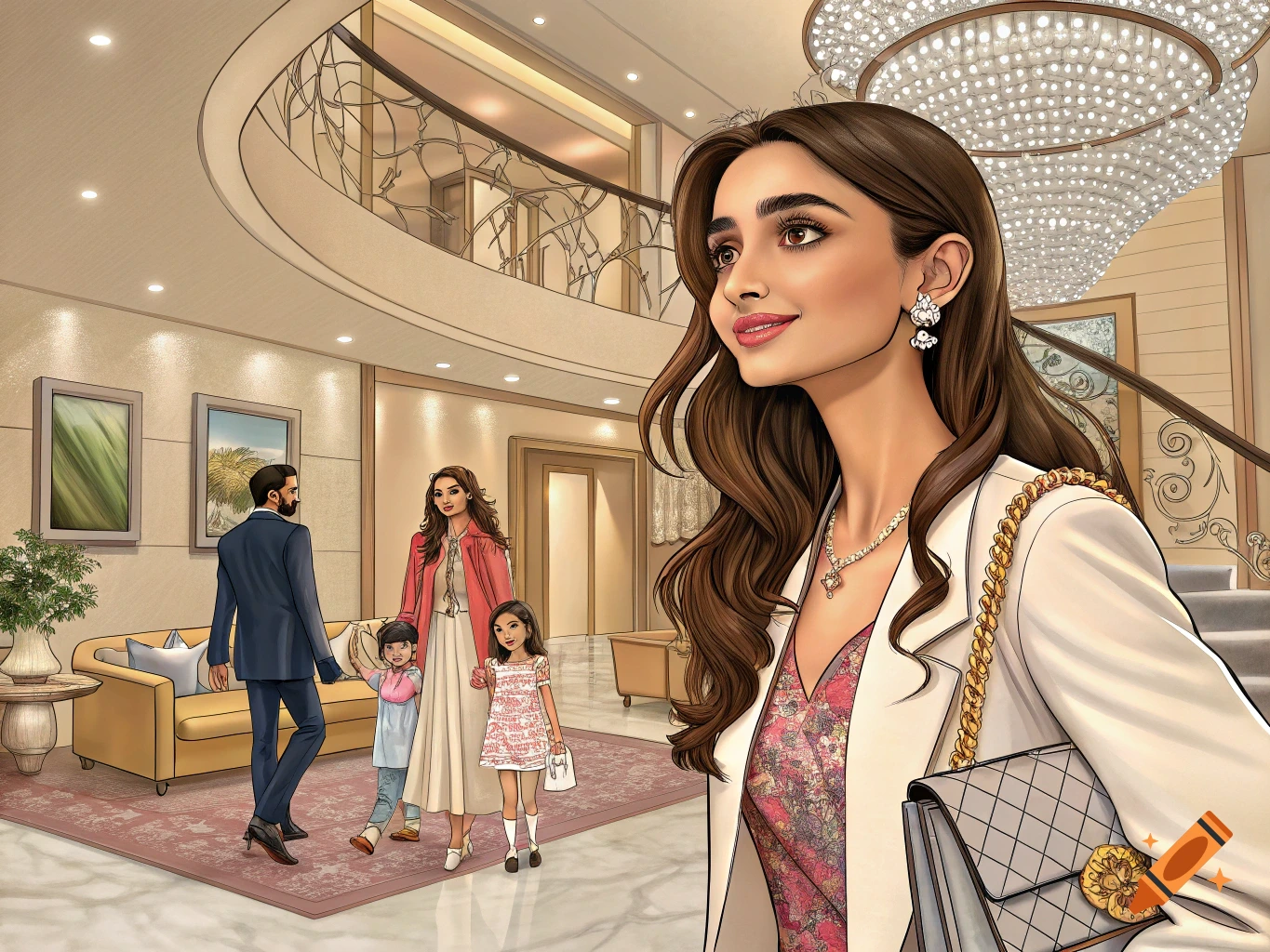 Illustration of a stylish family in a grand house with a staircase. A woman is in the foreground.