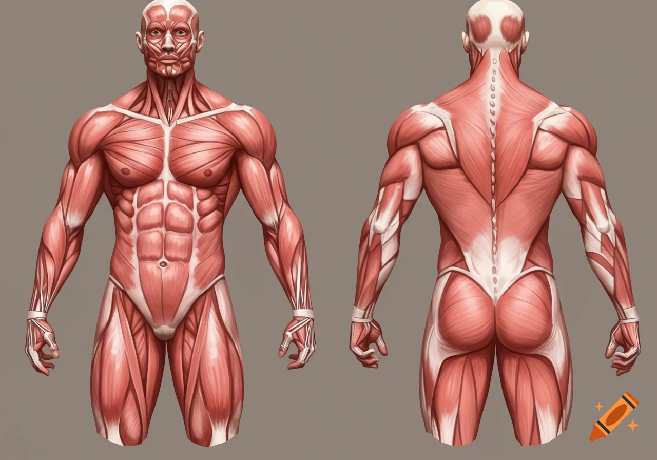 Front and back view of a detailed illustration of the human muscular system.