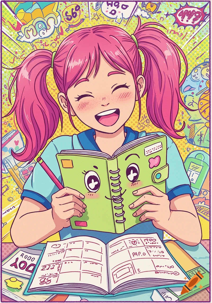Smiling anime girl with pink pigtails reading a notebook in a cartoon style, surrounded by doodles.