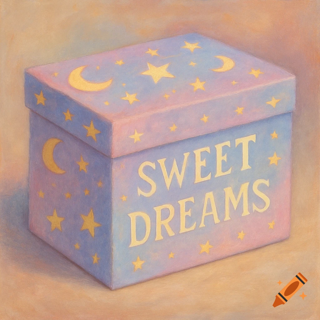An illustration of a box decorated with stars and moons that says 'Sweet Dreams'.