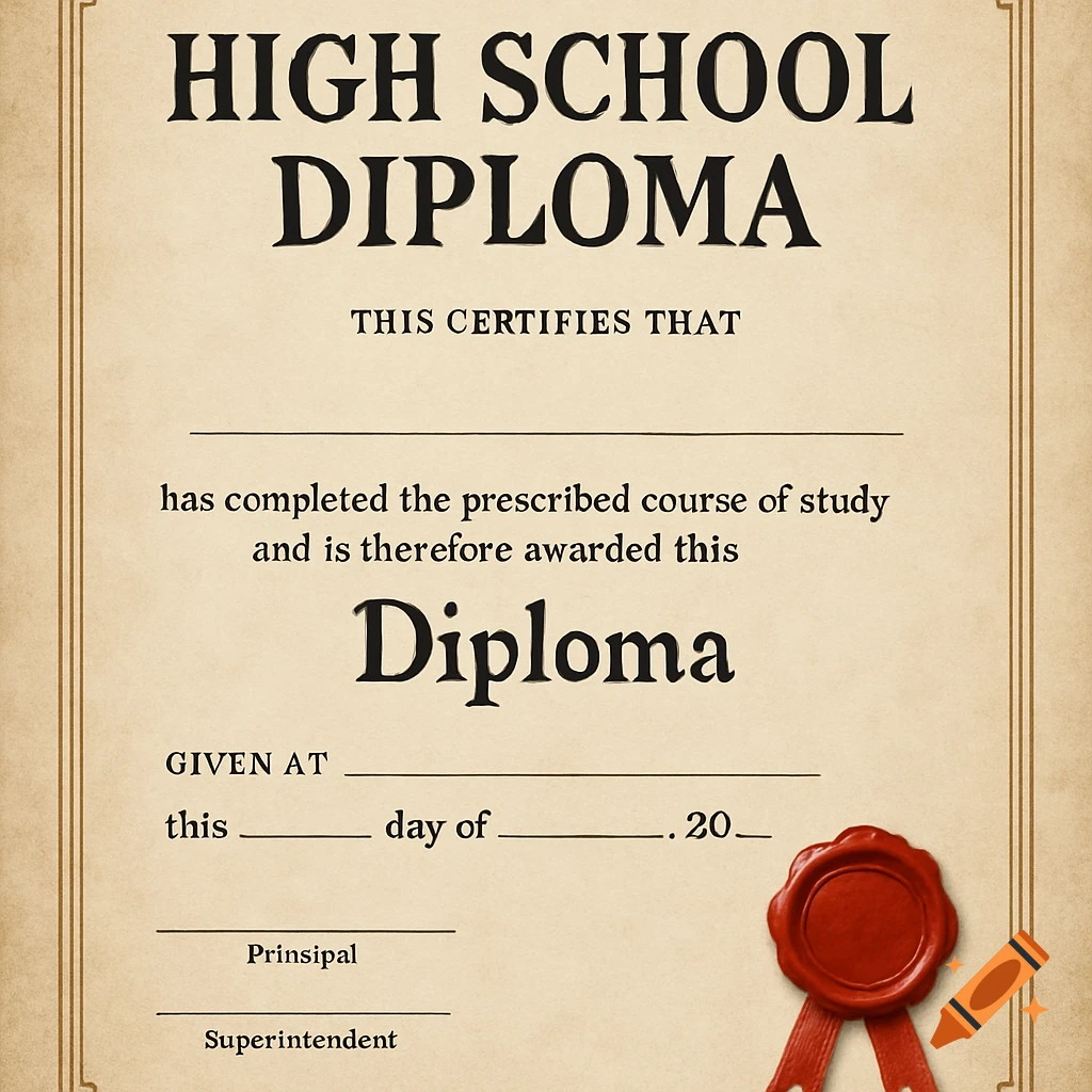A high school diploma with a wax seal in the bottom right corner.