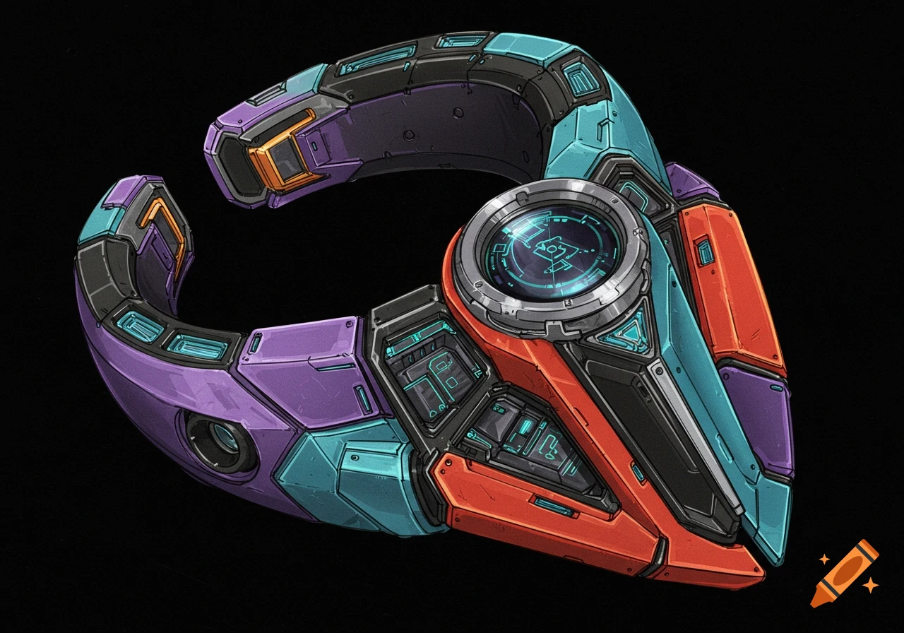 A detailed illustration of futuristic mechanical jewelry in purple, teal, and orange on a black background.