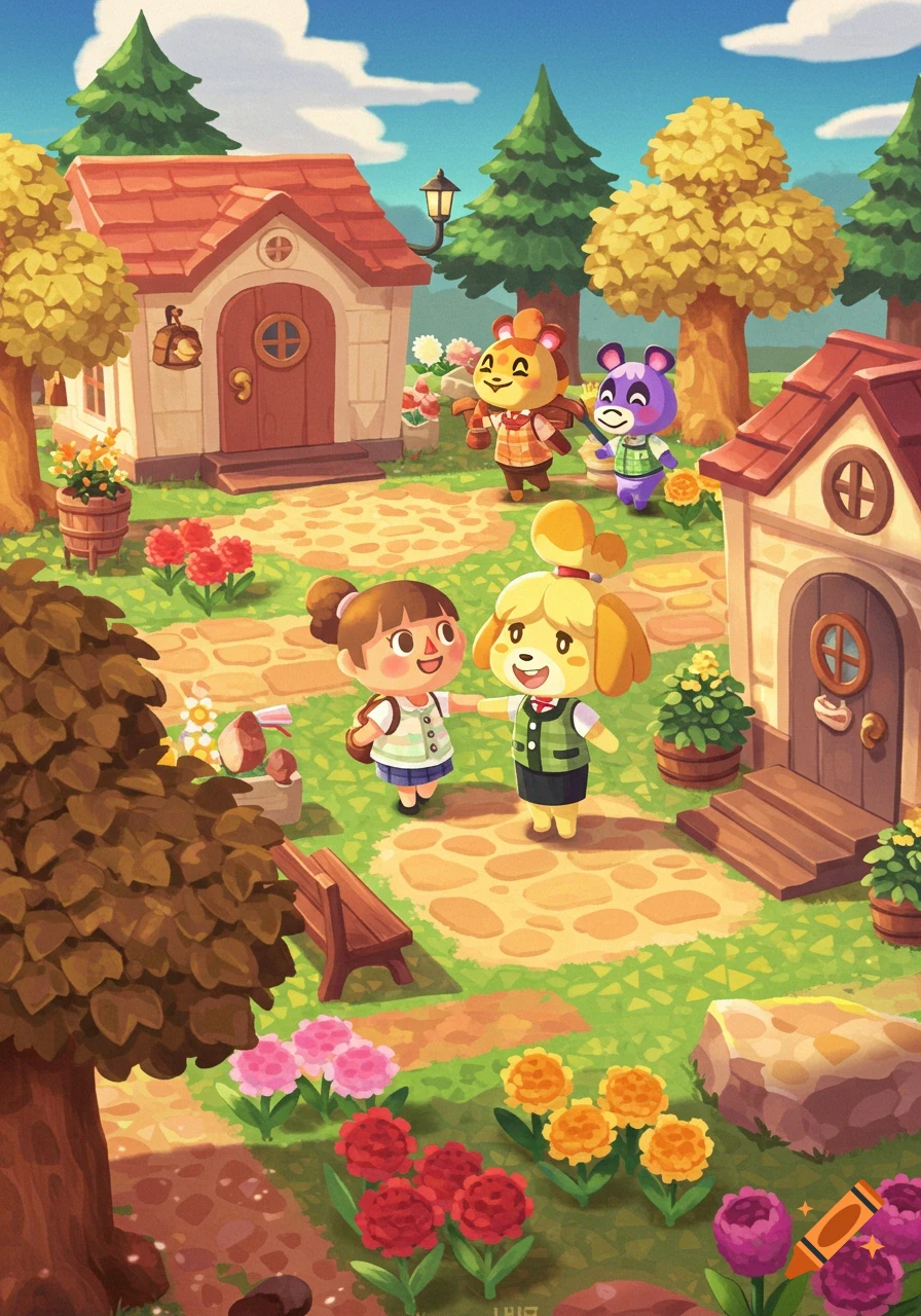 Stylized illustration of Animal Crossing characters Isabelle and a player standing between houses, with other villagers, flowers, and trees.