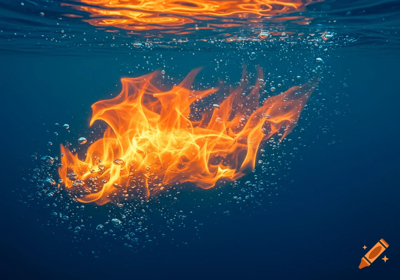 Realistic fire burns underwater surrounded by bubbles, with the surface visible above.