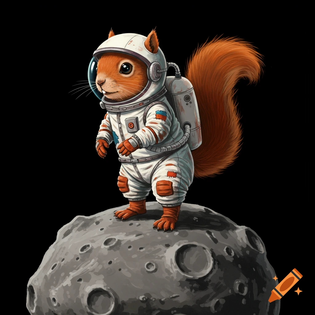 A squirrel in a spacesuit stands on a moon rock against a black background.