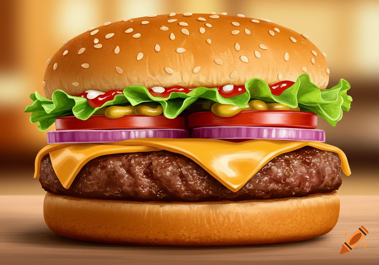 Close-up of a cheeseburger with lettuce, tomato, onion, cheese, ketchup, and mustard on a sesame seed bun.