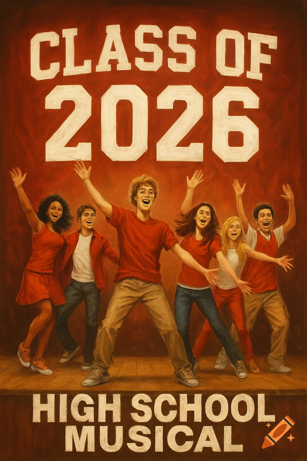 A group of young people jumping on a stage below text 'CLASS OF 2026' and 'HIGH SCHOOL MUSICAL' on a poster.