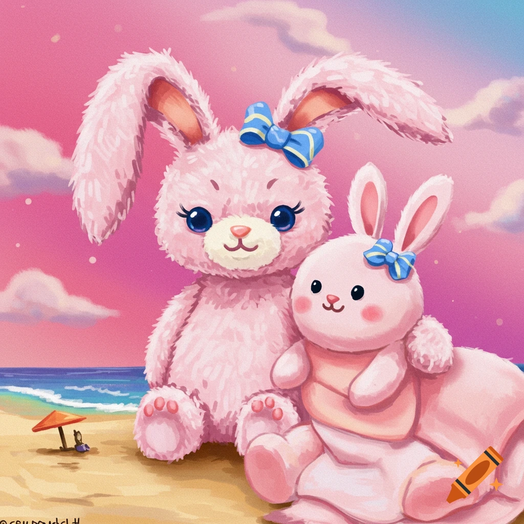 Two pink stuffed bunnies with blue bows sit on a beach during a pink and purple sunset.