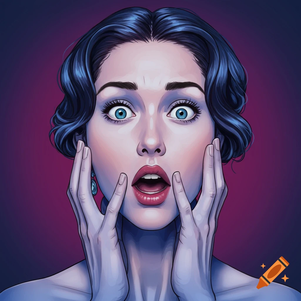 Illustration of a woman with wide eyes and hands near her face, looking stunned.