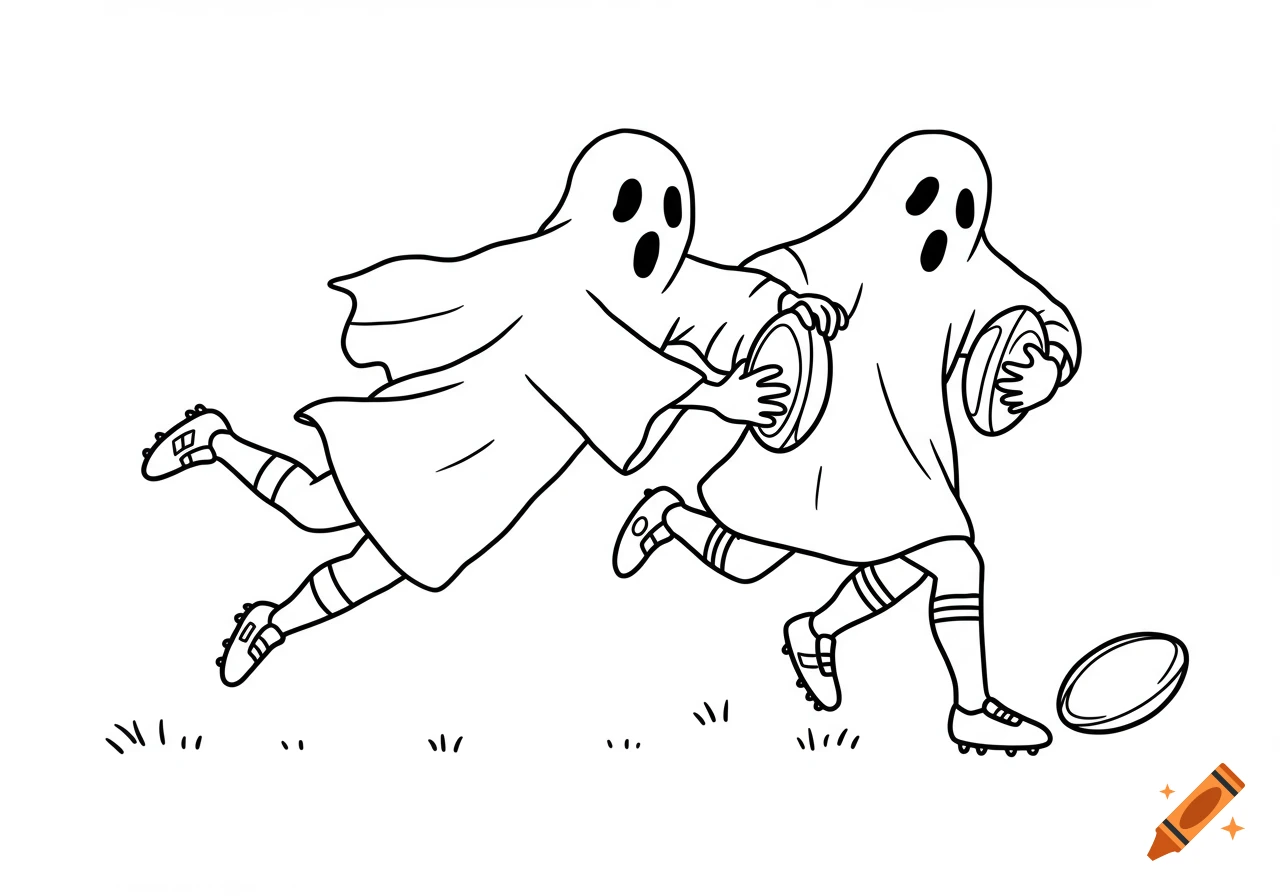 Two ghosts wearing rugby gear run with balls in a black and white coloring page style.