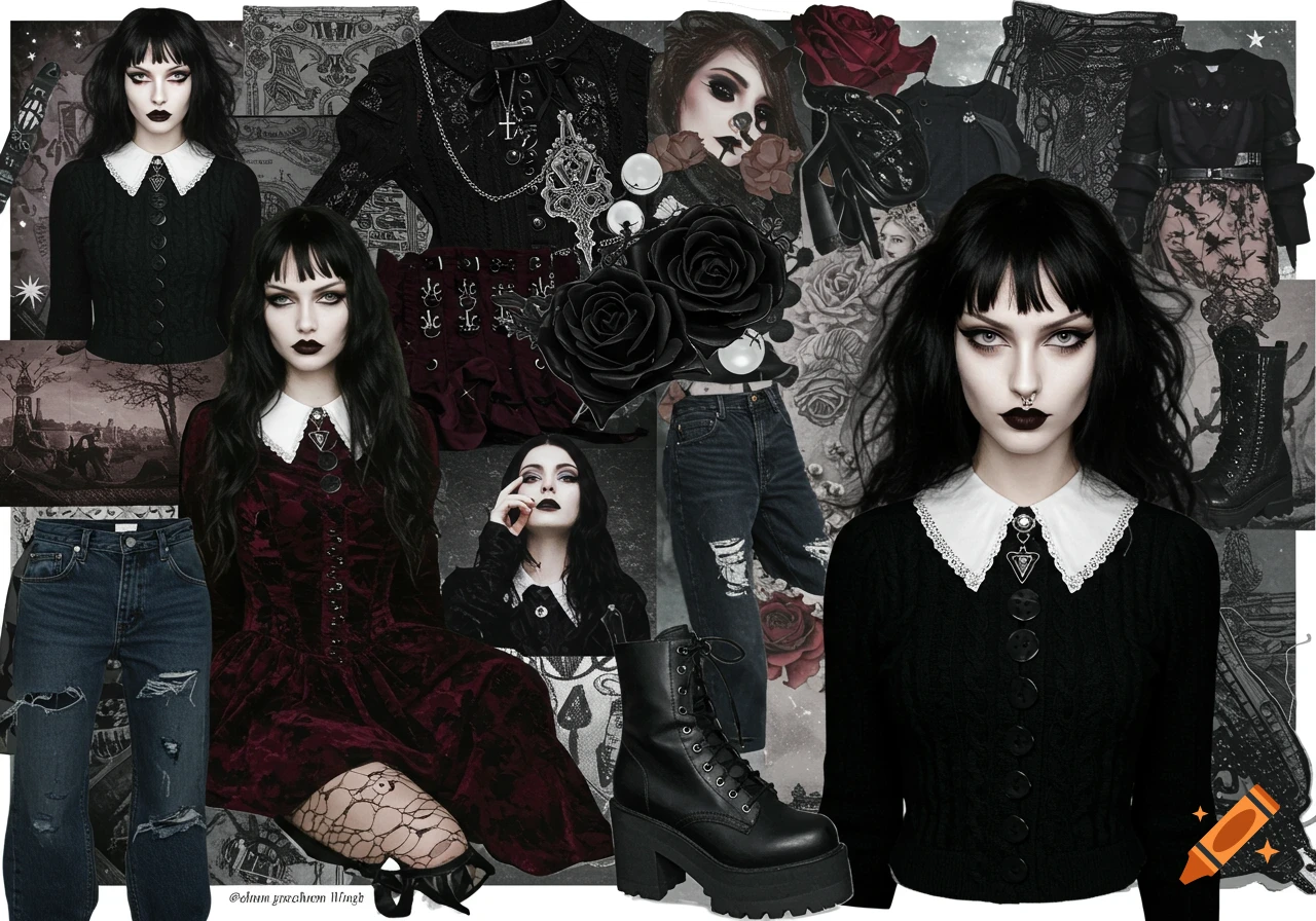 Fashion collage featuring gothic style clothing, models, boots, and accessories.