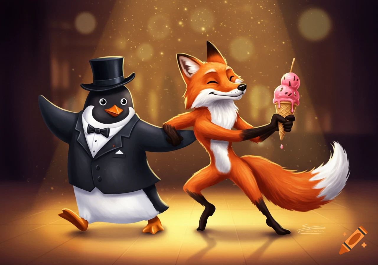 Cartoon illustration of a penguin in a tuxedo dancing with a fox holding an ice cream cone.