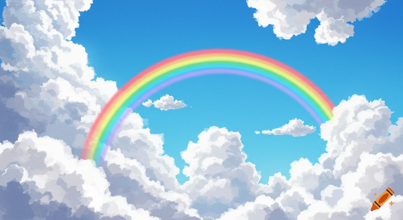 A brightly colored rainbow arches over puffy white clouds in a clear blue sky, in a stylized illustration.
