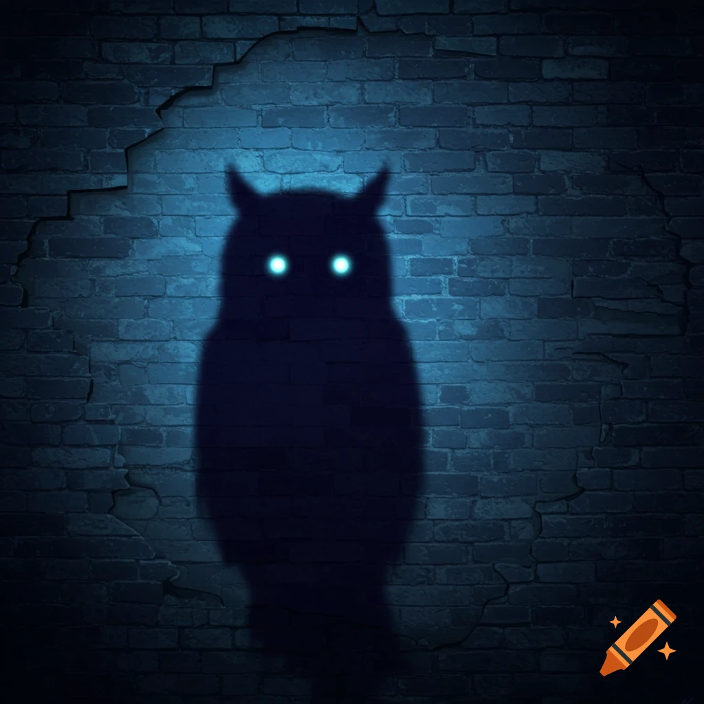 Spooky owl shadow with glowing eyes on a blue-lit brick wall, digital art.