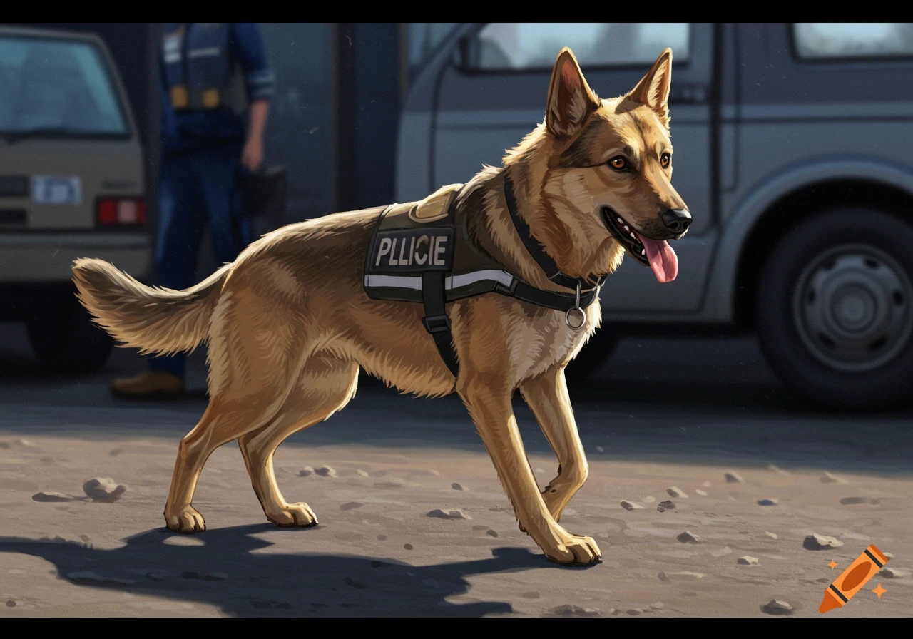 A German Shepherd police dog stands outdoors near vehicles in an illustration.