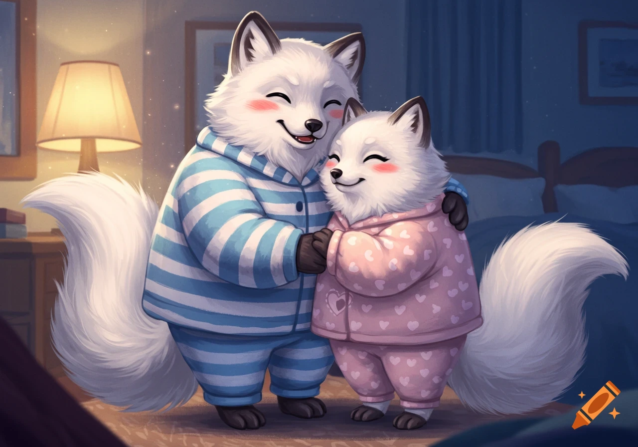 Two fluffy arctic foxes in pajamas hugging in a bedroom.
