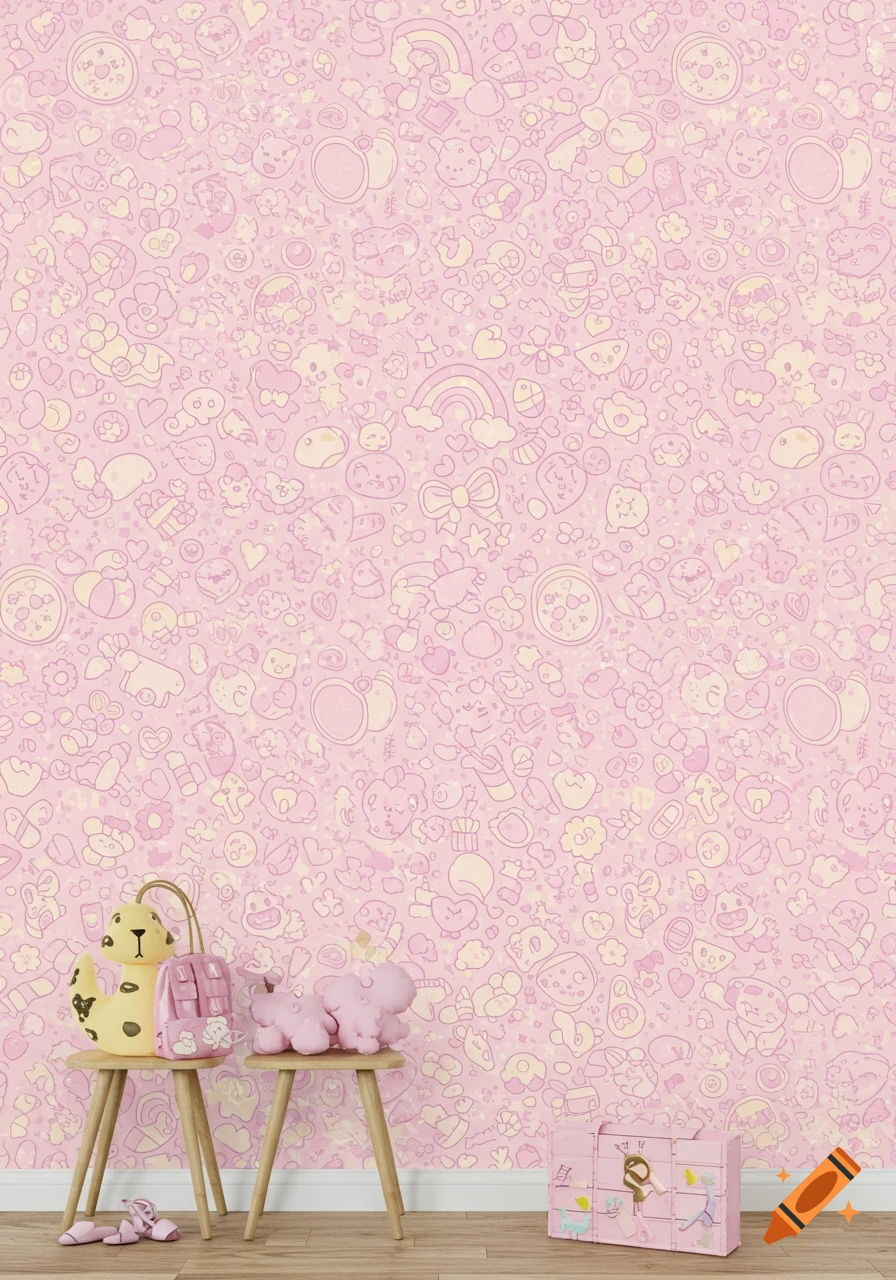 Pink room with seamless cute doodle wallpaper and toys