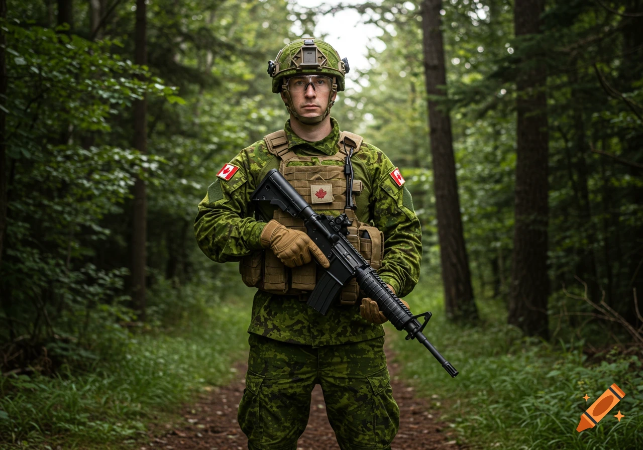 Photorealistic image of a Canadian soldier standing in a forest holding a rifle.