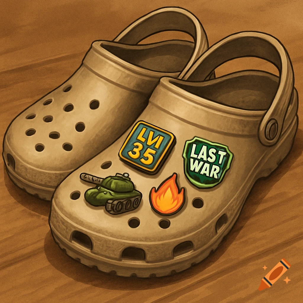 Tan Crocs with game-themed patches: tank, flame, LVI 35, and LAST WAR in an illustrated style.
