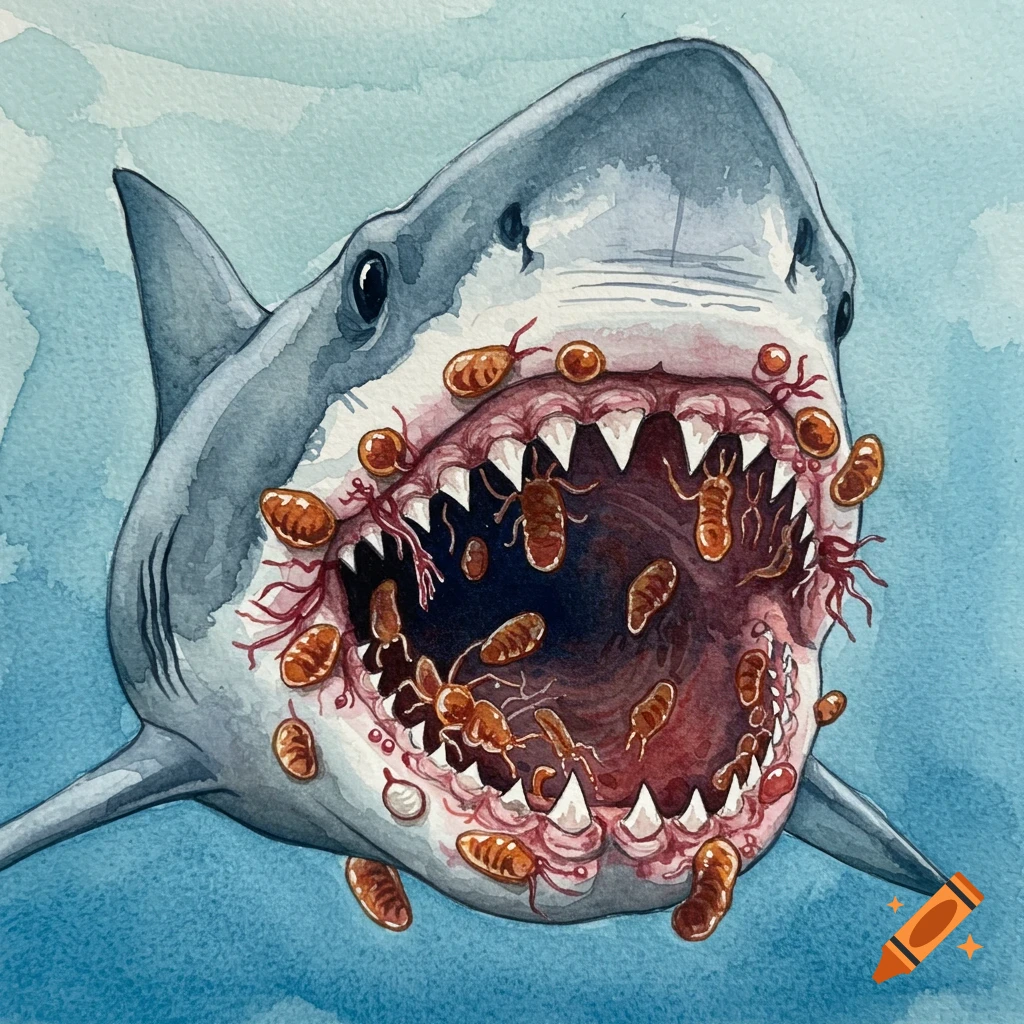 Watercolor painting of a shark with parasites in its mouth.