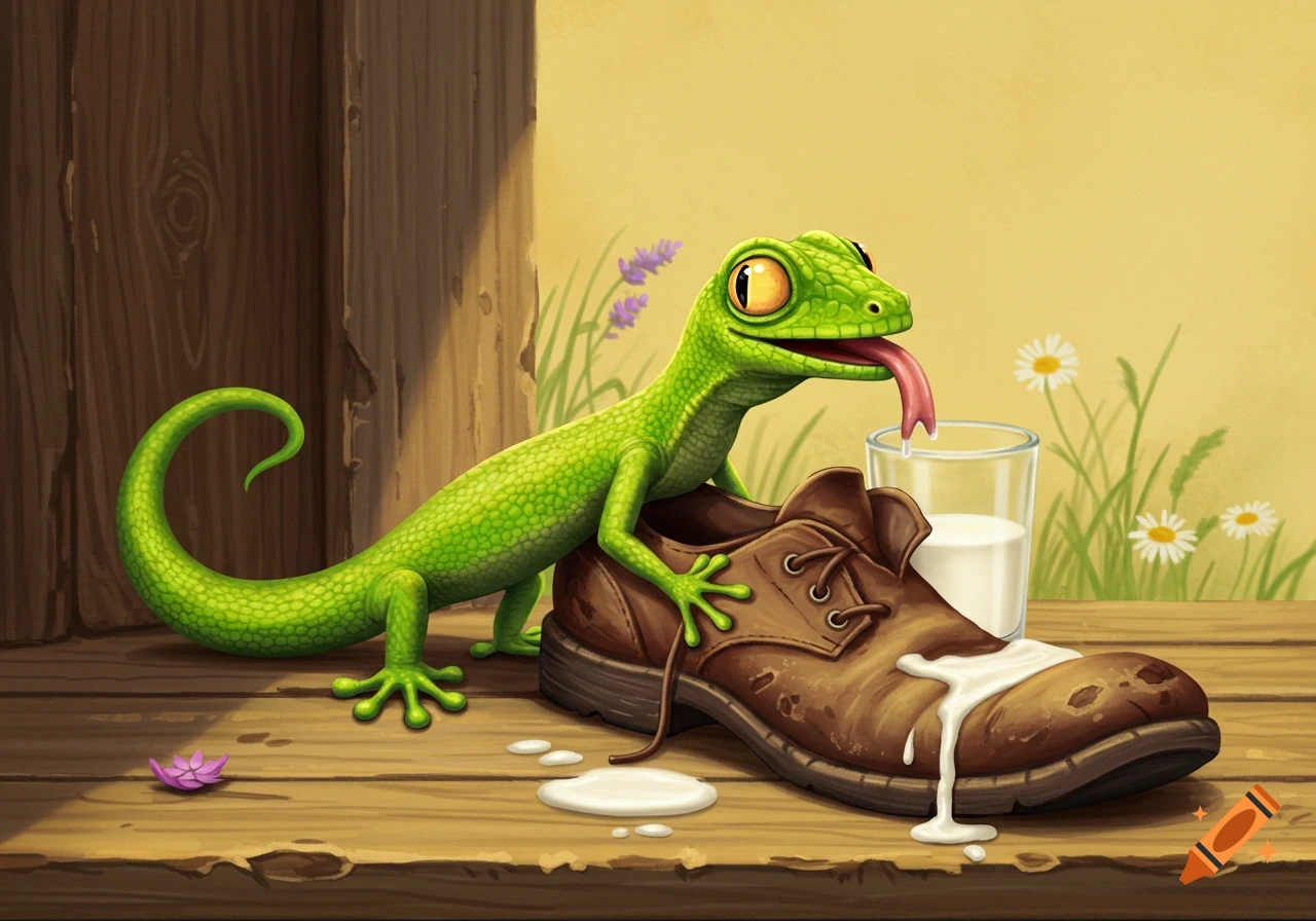 A cartoon green lizard sits on a brown shoe on a wooden table and drinks milk spilling from the shoe into a glass. Illustrated.
