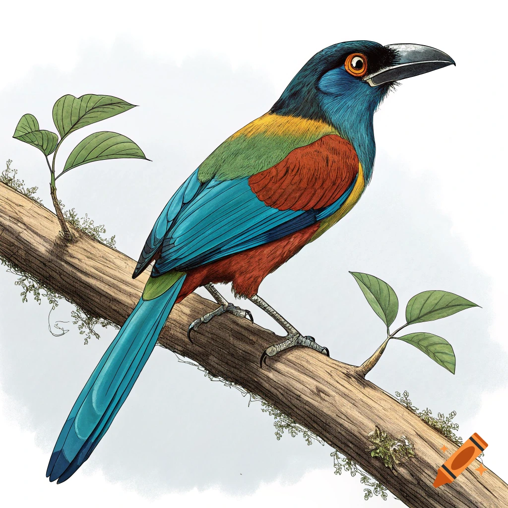 Colorful bird illustration perched on a branch.