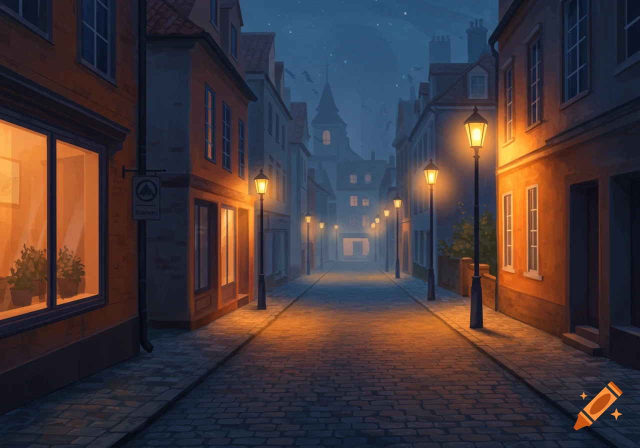 Night view of a cobblestone city street lined with buildings and ...