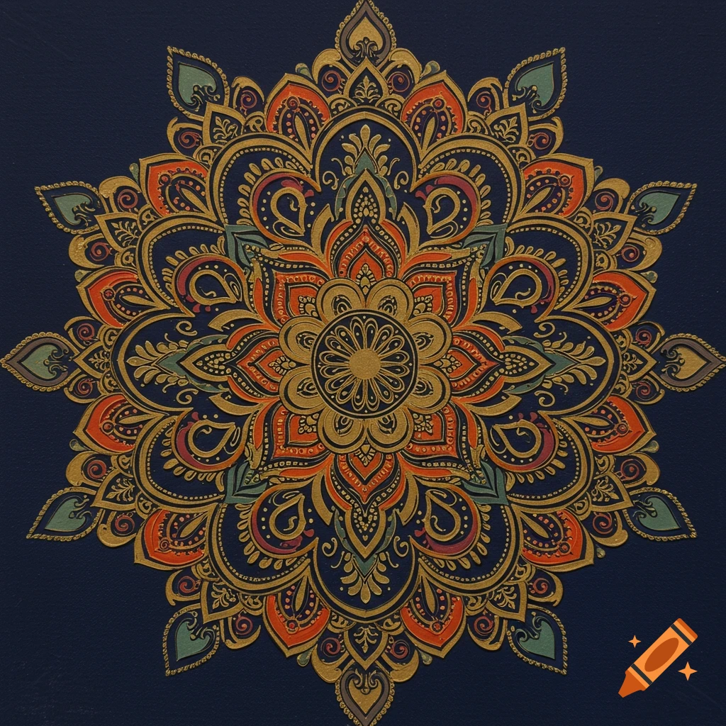 A detailed, colorful Indian mandala pattern in orange, gold, and teal on a dark blue background.
