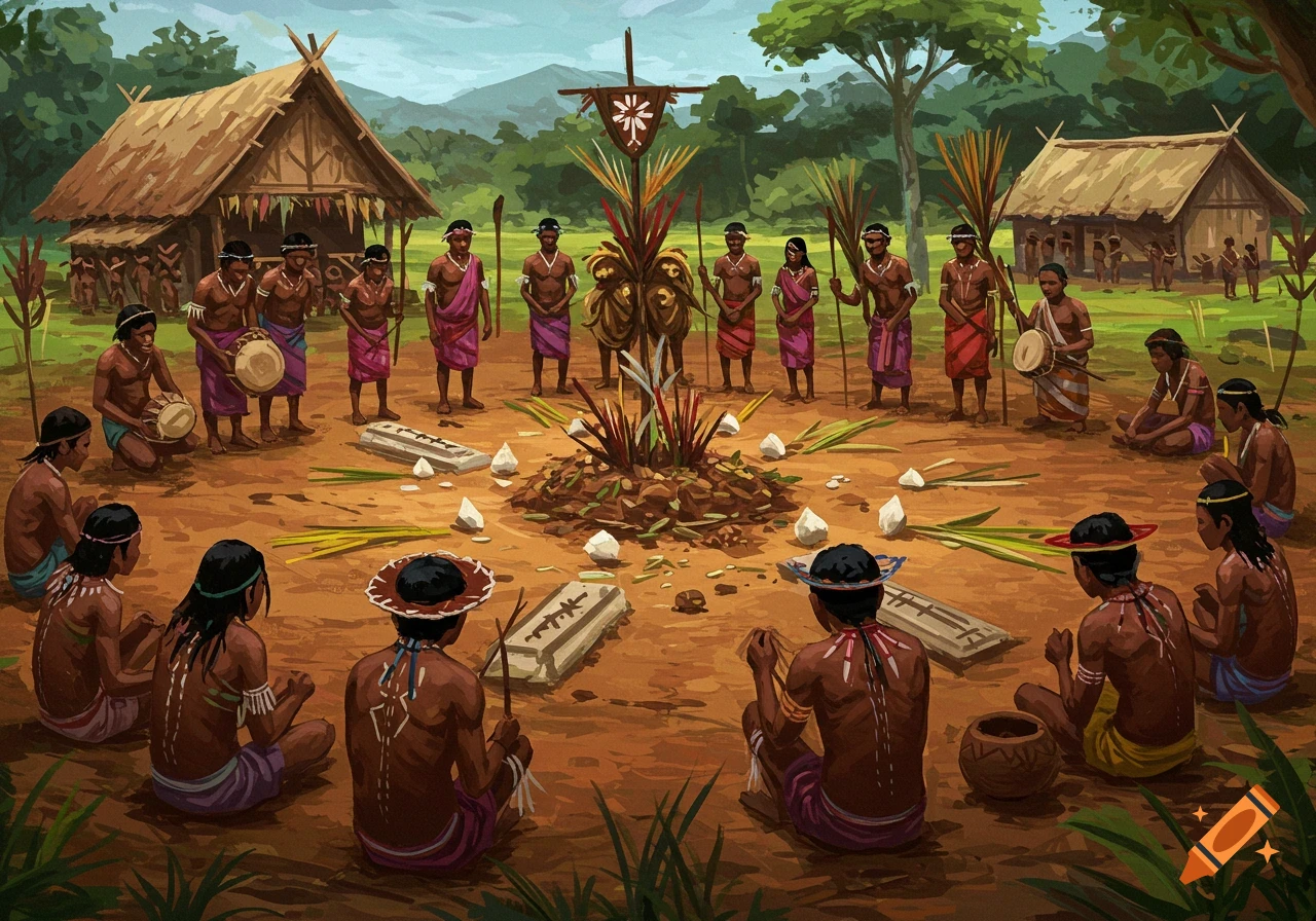 Digital painting of people in traditional clothing gathered in a circle for a ritual in a village clearing.