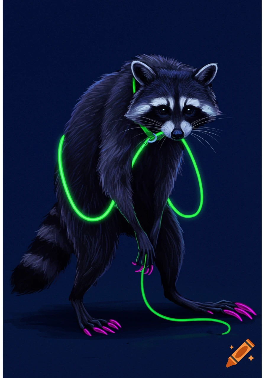 Stylized illustration of a raccoon with a bright green neon leash around its neck and long pink nails on its feet, standing in a dark environment.
