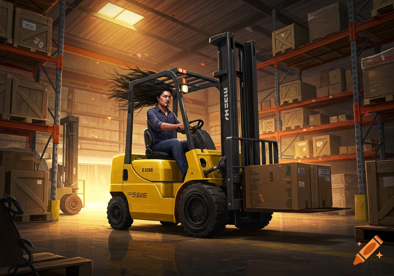 Man with long hair driving a yellow forklift in a warehouse