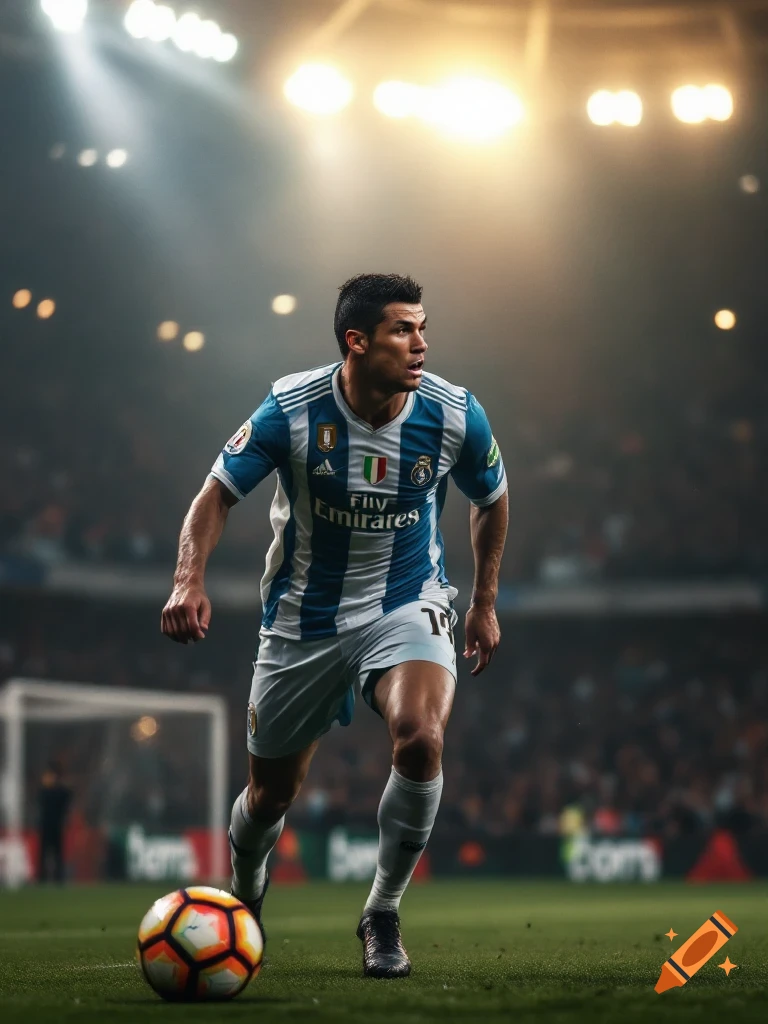 A soccer player dribbling a ball on a stadium field, lit by bright lights.