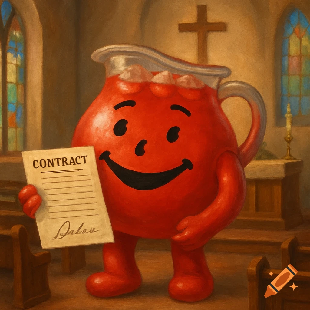 Kool-Aid man stands in a church holding a signed contract, painting style.