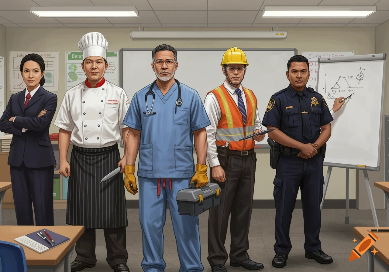 Illustration of five professionals from different fields standing in a classroom.
