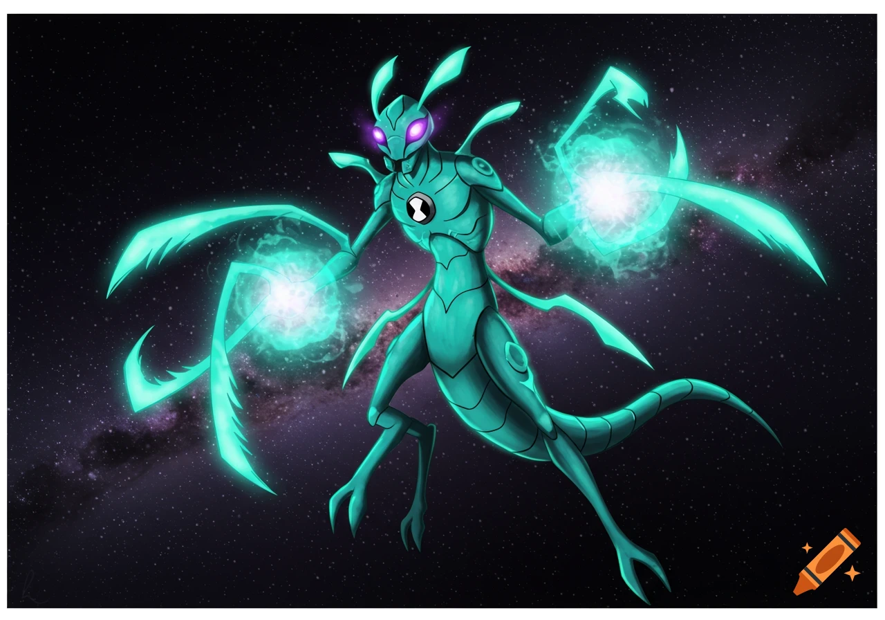 Stylized teal alien creature holding glowing energy spheres in space.