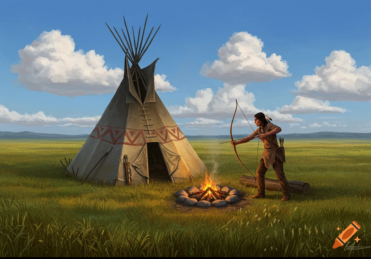 Illustration of a Native American person hunting with a bow near a teepee and campfire in a grassy field.