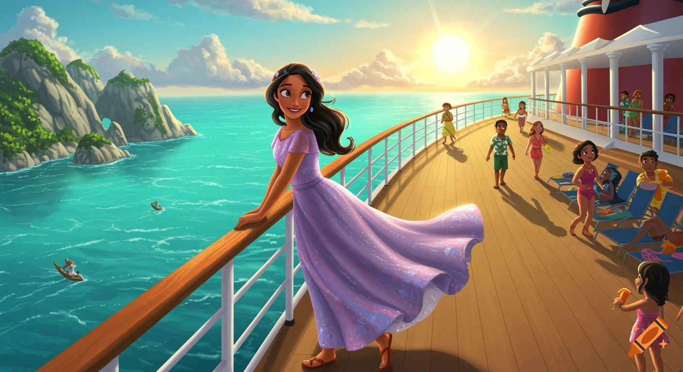 Cartoon illustration of Elena of Avalor on the deck of a cruise ship, looking out at a tropical island.