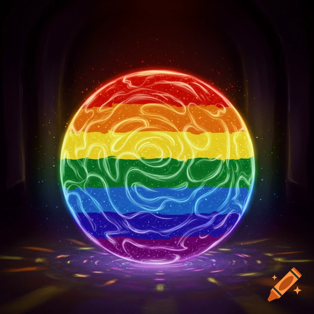 Glowing crystal ball with rainbow colors inside, in a dark setting.