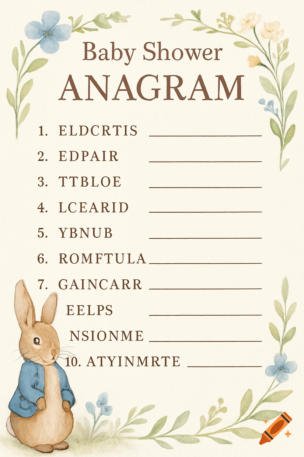 Baby shower anagram game card with rabbit illustration and floral border in watercolor style.