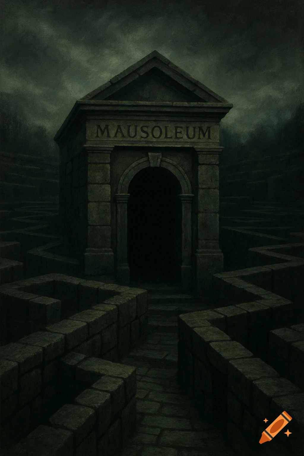 Dark stone mausoleum with 'MAUSOLEUM' text at the entrance, set in a winding stone labyrinth.