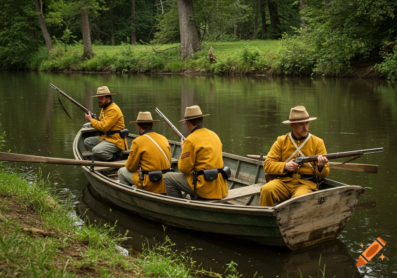 Four men in historical military uniforms with rifles paddle a boat on a river.