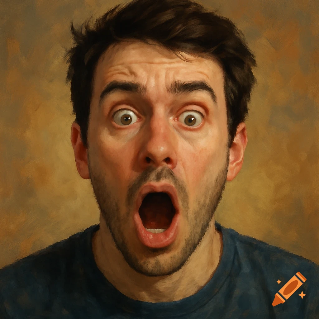 Painting of a man with a wide-eyed, surprised expression