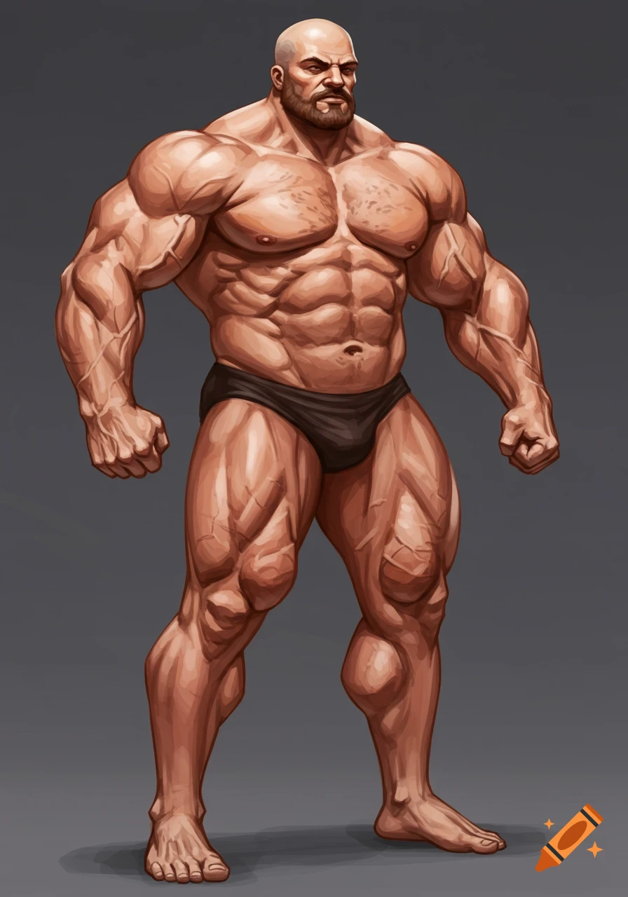 Drawing of a muscular man posing in posing trunks.