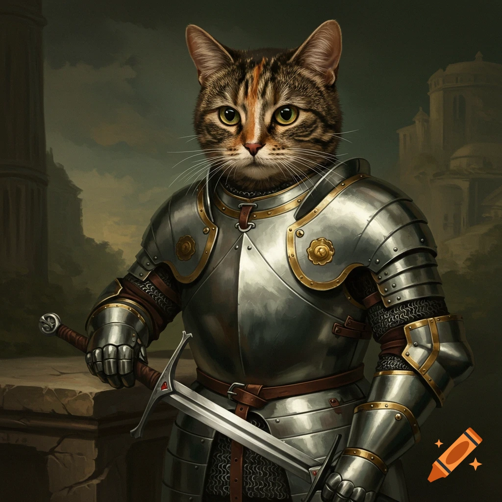 A tortoiseshell cat wears silver knight armor and holds a sword in a ...