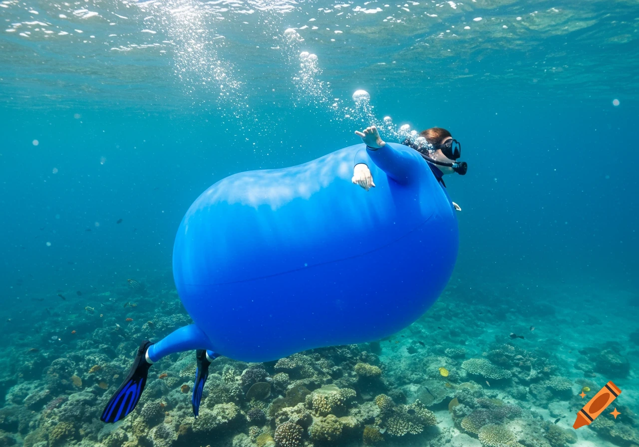 A person in a blue scuba suit inflating underwater among coral reefs.
