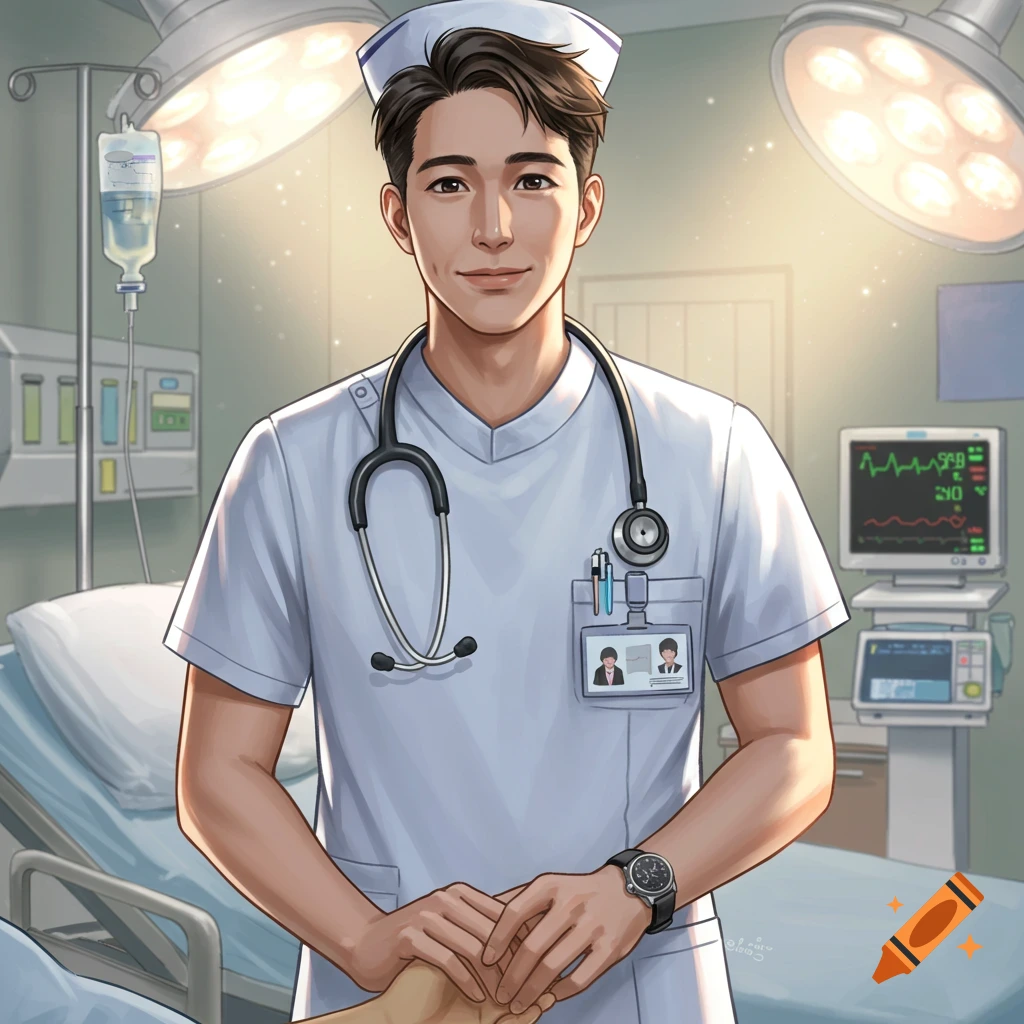 Illustration of a male nurse with a stethoscope holding a patient's hand in a hospital room.