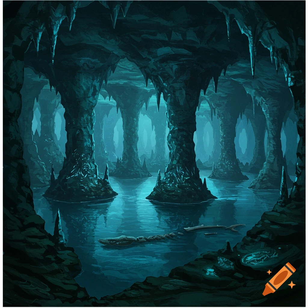 Dark underground cave with rock pillars reflected in a blue-lit pool